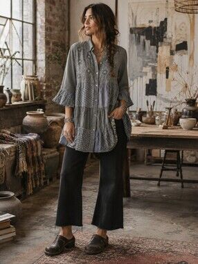 Young Threads Gray Patchwork Embroidered Tiered Boho Tunic Top L